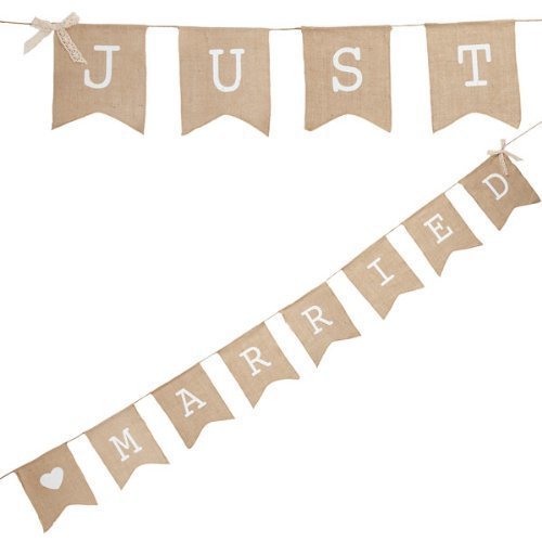 Musuntas slinger linnen wimpel-ketting"Just Married", 4 m - slinger van linnen als decoratie voor bruiloft met witte letters"Just Married"
