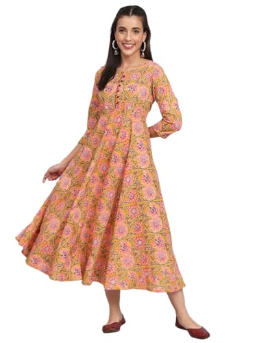 Image of Rapsodia Womens Cotton Green & Brown Floral Printed Flared Kurta