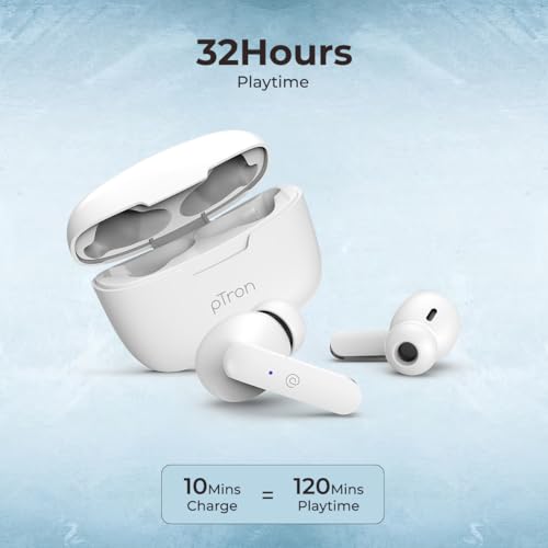 Image of pTron Basspods P81 in-Ear Wireless Earbuds, Pristine Sound, 32Hrs Playtime, Clear Calls TWS Earbuds, Bluetooth V5.1 Headphone, Type-C Fast Charging, Voice Assist & IPX4 Water Resistant (White)