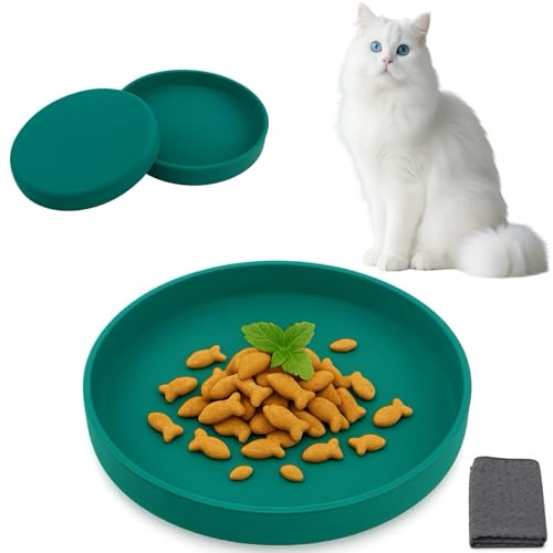 2er Set 15cm Katzennapf Silikon mit Reinigungstuch – Flacher Futternapf Katze für Kitten & Reisen, Fressnapf Katze klein, mit Bürste leicht zu...