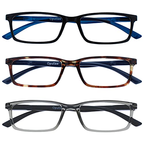 Image of OPULIZE SEE Reading Glasses with Blue Light Blocking for Women and Men, Narrow Frame, Spring Hinges, Computer Gaming Glasses, Black,Brown,Grey +1 (Pack of 3)