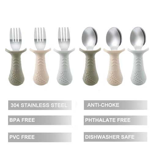 PandaEar 6 Stücke Kinderbesteck Esslernbesteck ab 1 jahr| Silikon Edelstahl Baby Besteckset Löffel Gabel mit Silikon Halten Anti-Choke Design, BPA Frei Lernbesteck