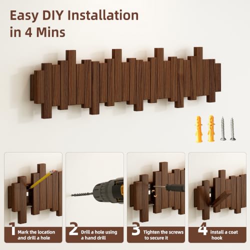 EcobooLife Wooden Piano Coat Rack Wall Mounted, Coat Hooks Hanger Wall Mount with 8 Hooks, Flip-Down Natural Coat Rack for Hanging Keys/Bags, Space Saving Home Hangers, Walnut - image 6