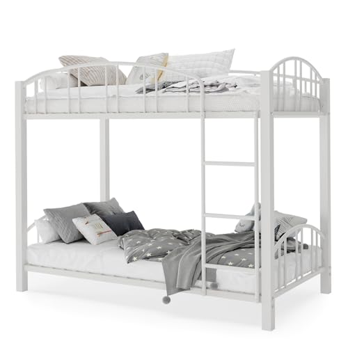 Bunk Bed Twin Over Twin with Stairs and Arched Guardrail, Sturdy Metal Slats Support, Space Saving, Noise Free, No Box Spring Needed, Ideal for Kid Room and Dorm, White