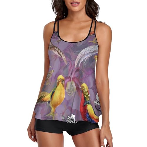 Tankini femme oiseau coloré avec short et robe de plage
