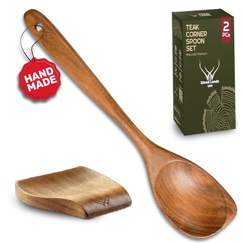 CORNER Teak Wooden Spoon for Cooking With Teak Spoon Rest - Made of Premium Natural Teak Wood