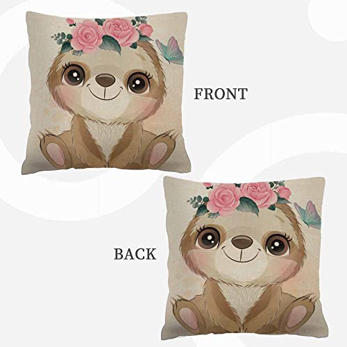 Hysing Cute Sloth Throw Pillow Covers 18 X 18 Inch,Watercolor Baby Sloth Flower Linen Square Pillow Cases Decorative Cushion Cover For Sofa Bedroom Living Room #TOP3