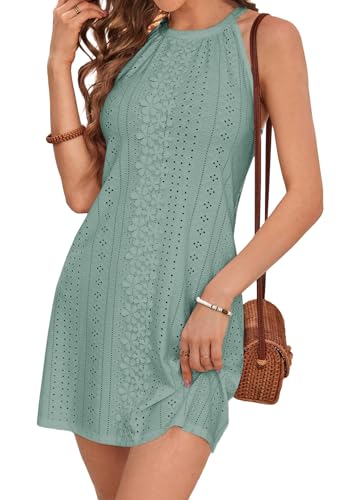 Image of MITILLY Womens Halter Summer Eyelet Mini Dress Casual Sleeveless Floral Lace Lined Sundresses for Beach Vacation Holiday