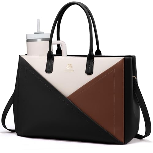 Image of LOVEVOOK Laptop Work Tote Bag for Women with Large Cup Holder, 16 Inch | Computer Bags Business Office Briefcase Handbag, Teacher Tote Bag, Double Laptop Protection, PU Leather, Large Capacity