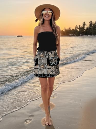 Image of SAUKOLE Summer Dress for Women Strapless Beach Cover Ups Boho Sundress Mini Dress Drawstring Waist with Pockets