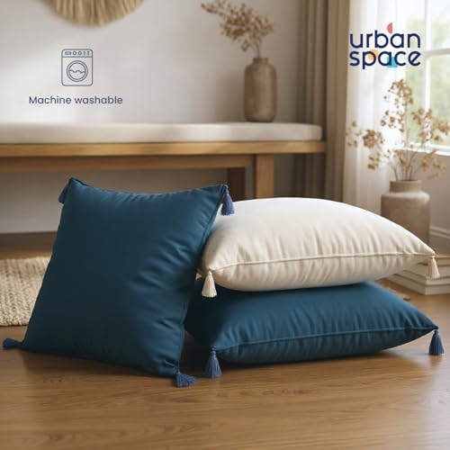 Image of Urban Space Decorative Cotton Cushion Cover Set of 3, 16 Inch X 16 Inch Cushion Covers for Sofa, Bedroom, Living Room (Sailor Stripe Dark Teal & Fence Grey, Set of 3)