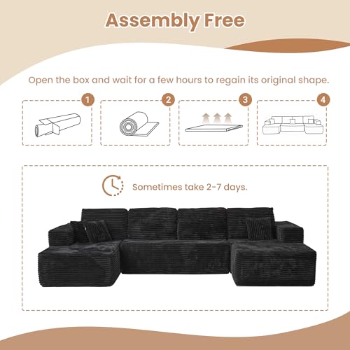 Image of HOOOWOOO Cloud Sectional Couches for Living Room,Modular Sectional Sofa No Assembly,133X70 Inch Plush Corduroy Large U Shaped Floor Couch Set with Deep Seat Chaise Ottoman(Black)