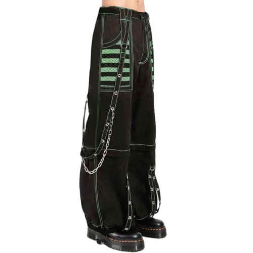 Kodaruber Women Vintage Goth Hip Hop Jeans Punk High Waisted Baggy Bootcut Jeans Strap Chain Striped Wide Leg Denim Pants(Green,Small)