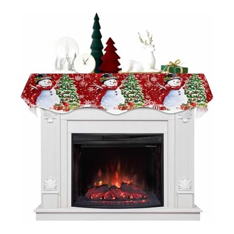 Christmas Red Fireplace Mantel Scarf Cover, Snowflake Snowman Pine Tree Red Xmas Ball Mantel Shelf Top Scarf Christmas Runners for Fireplace Christmas Decor Holiday Decorations 70'' L x 17'' W Cover