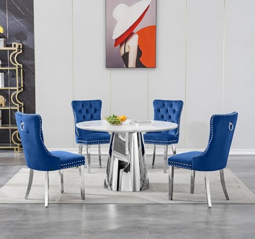 Image of 5-Piece Round Dining Table Set for 4, Modern Faux Marble Kitchen Table and Blue Velvet Chairs Set of 4, Luxury 45 inch Circle White Silver Dining Room Tables with Stainless Steel Base