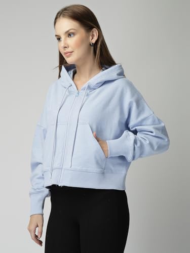 Image of Casual Wear Solid Crop Zipper Jacket Hooded Neck Full Sleeves with Kangaroo Pocket Hoodie for Women