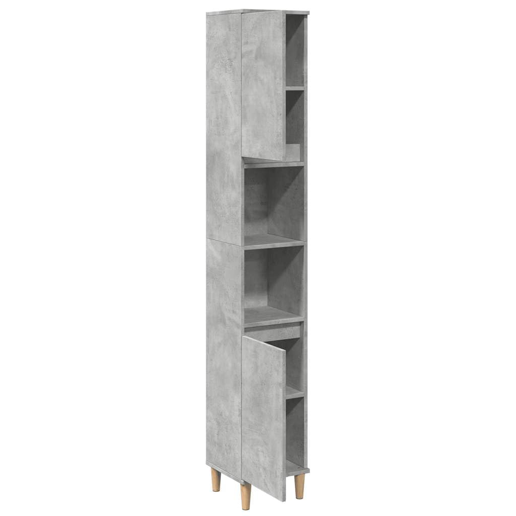 Armadietto da bagno grigio cemento, 30 x 30 x 190 cm, in legno con 6 scomparti e 2 ante, gambe in legno massiccio di eucalipto, spazio per bagno, WC degli ospiti, mobiletto sottolavabo