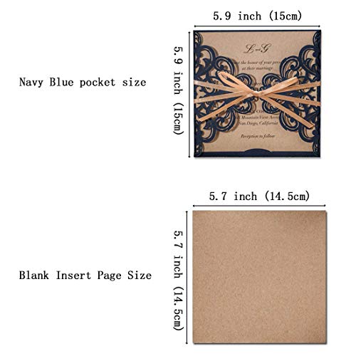 Jofanza 50Pcs 5.9 X 5.9 Inch Laser Cut Wedding Invitations With Bowknot Navy Blue Lace Sleeve Invitation For Engagement Quinceanera Birthday Invites #TOP2