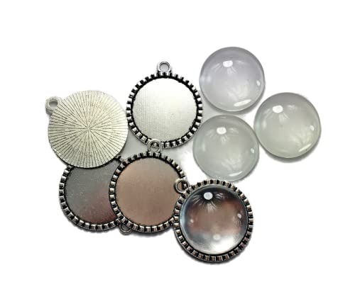 All In One 10 Sets Cabochon Frame Setting Tray Pendant With Clear Glass Dome Tile For Diy Jewelry Making (25Mm Antique Silver#1) #TOP21