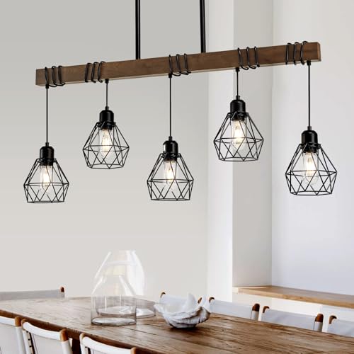 Cmnvmn C5006 5-Light Kitchen Island Lighting Hanging For Farmhouse Linear Chandeliers,Dining Room Light Fixture/Chandelier Over Table,Matte Black Rustic Wood Ceiling Pendant Light Fixtures thumb #6