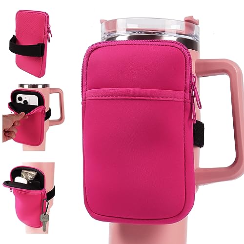 LMYUHONG Water Bottle Pouch For Stanley cup accessories 40oz 20oz 30oz tumbler pouch with Versatile Pocket for Cards Keys Earphone. Fits for Phones Use for Running Walking Hiking Biking DeepPink