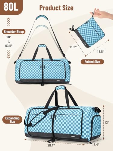Image of Lekesky Foldable Travel Duffle Bag for Women, Large Duffel Bag with Separate Shoes Compartments & Straps, Carry On Weekend Bag for Women, Hospital, Overnight (Green Gingham, 80L)