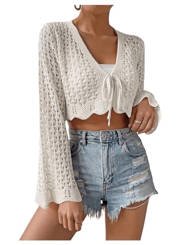 GORGLITTER Women's Crochet Tie Front Tops Bell Long Sleeve Cropped Cardigan Summer Beach Festival Boho Tops 20253