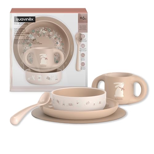 Suavinex, Vajilla para Bebés, de Aprendizaje, +6 Meses, Irrompible, Vajilla Infantil Apta Para Lavavajillas y Microondas. Incluye: Taza + Plato + Bol + Mantel Antideslizante + Cuchara. Color Rosa