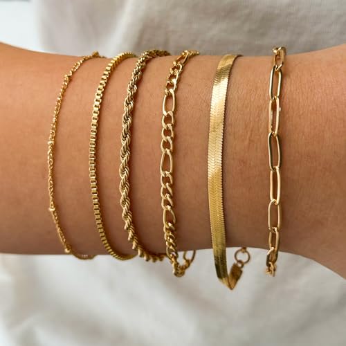 IXNEOP 14K Gold Plated Bracelets for Women Stackable Adjustable Fashion Jewelry Sets Gold Bracelets Stack With Cuban, Paperclip, Snake, Rope, Hand Chain (gold16) (ix0016-GD) — view 4
