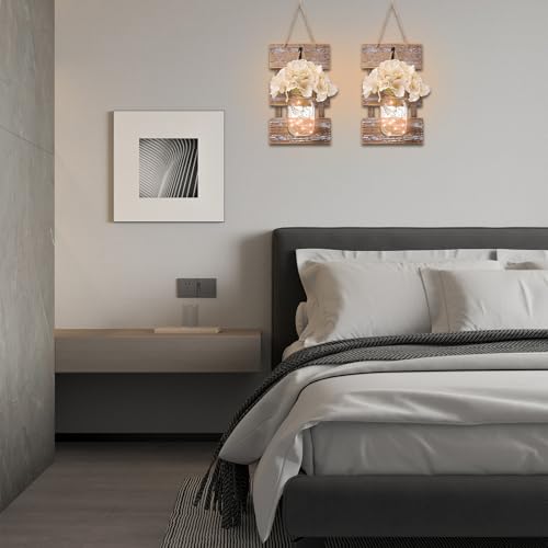 Image of Wall Sconce Decor 2pcs, Mason Jar Wall Sconce Farmhouse Home Decor with 9.8FT LED Fairy Lights 4Flowers, Modern Art Living Room Bedroom Bathroom Decorative Hanging Yellow