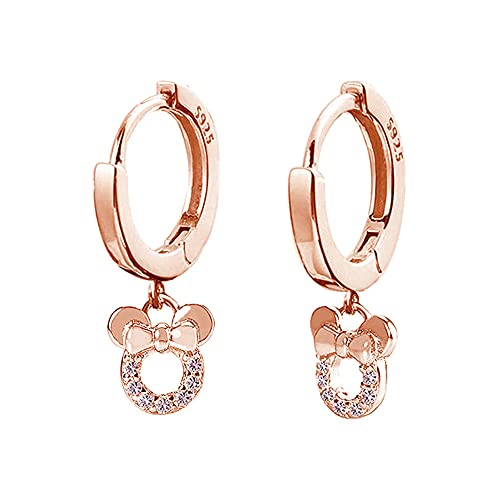 Small Mouse Dangle Hoop Earrings for Women 925 Sterling Silver Pink Cubic Zirconia Charm Animal Mice Huggie Sleeper Hoops Cartilage Hypoallergenic for Sensitive Ear Jewelry (Rose-Gold-Toned)