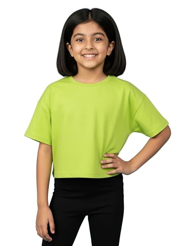 Image of KiddoPanti Girls 100% Cotton Solid Drop Shoulder Half Sleeve Round Neck Crop Tee