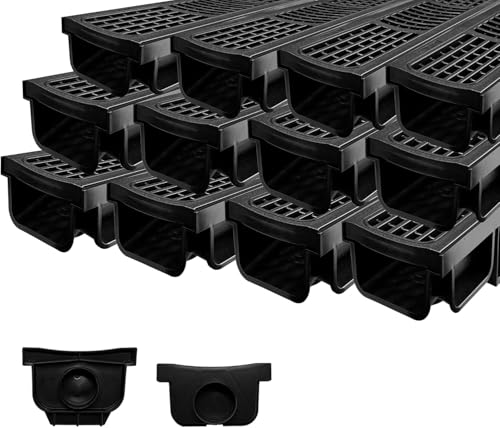Natotela Set di 12: 100 x 45 x 500 mm Canale esterno di drenaggio con griglia in HDPE, A15 canalina in HDPE nero, per vialetto, giardino, terrazza, garage