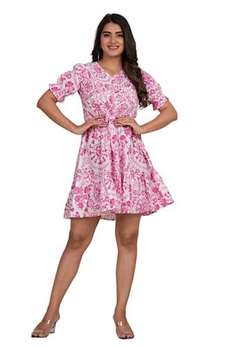 Image of Crenol Women Cotton Printed Short Dresses for Women, Western Dresses for Women