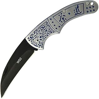 DNA Camping Hiking Fishing Hawkbill EDC Karambit Non Locking Less than 3" Folding Knife with Engraved Blue Oriental Design and Script
