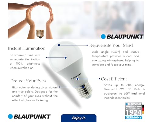 Blaupunkt LED E27 – Classic A60 – 6 W – odpowiada lampie 48 W – 600 lumenów – 4000 K naturalna biel – lampa energooszczędna/klasa energetyczna A+ – oszczędność kosztów – 4 sztuki