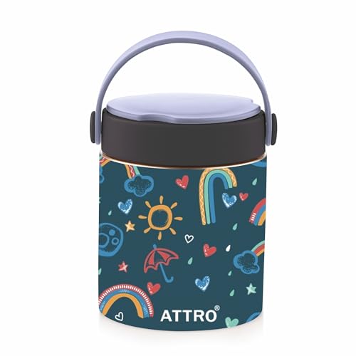 Image of ATTRO Happy Go Vacuum Insulated ISI Certified Stainless Steel Soup Jar 500ml, Leakproof & BPA-Free for Kids & Adults, Long Temperature Retention,Ideal for School, Office & Travel-Rainbow Magic Blue