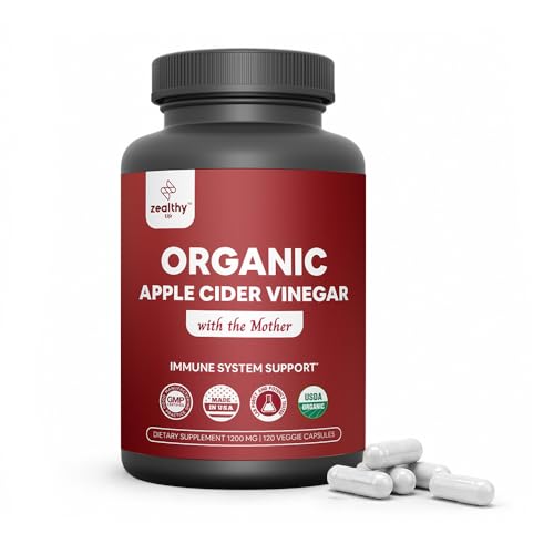 Organic Apple Cider Vinegar with The Mother 1200mg Capsules for Optimal Wellness Gluten-Free Non-GMO 120 Veggie Capsules Zealthy Life