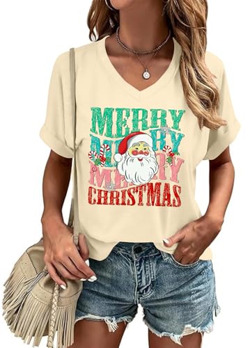 Ithalt Christmas Santa Shirt for Women Merry Christmas Tshirts Vintage Santa Graphic Tees Xmas Holiday Tops(Beige1, Medium)