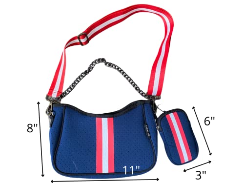 Image of Dallas Hill Mini Crossbody Handbag for Women, Black Crossbody Purse with Red & Silver Stripe,Adjustable Shoulder Strap