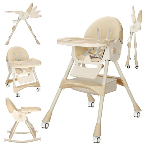 Image of Convertible 6-in-1 High Chairs for Babies and Toddlers, Foldable Portable Baby Highchair, Compact Adjustable Folding Baby High Chair for Infant Toddler Baby Boy Girl with Wheels & Footrest (Beige)