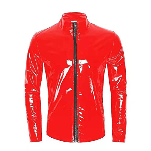 GITDOT Herren Sexy Jacke PVC Spiegel glänzende Lacklederjacke mit Langen Ärmeln Bar Night Club Clubwear (L,Rot)