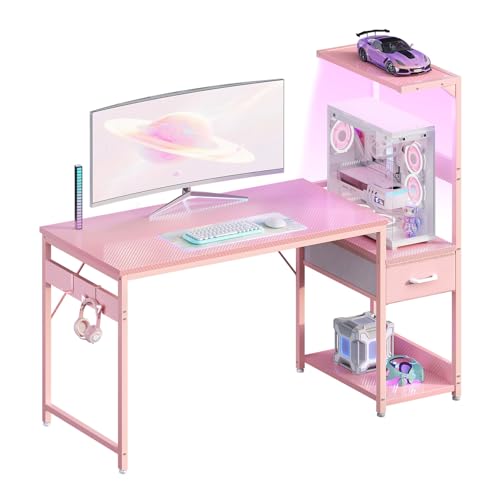 Image of Casaottima 48 Inch Gaming Desk with Storage & LED Lights, Reversible Computer Desk with Display Shelves & Fabric Drawer, Modern Gamer Desk Table with Side Headphone Hook, Carbon Fiber Pink