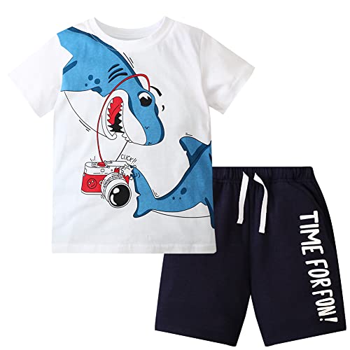Image of LMYOVE Toddler Boy Short Set Little Boy Clothes Casual CrewNeck Short Sleeve T-Shirt and Short Sets Summer Beach Outfits (3T White and Blue Shark)