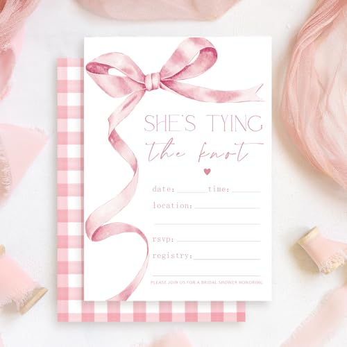 Whaline 25 Sets Pink Bow Invitations with Envelopes Stickers She's Tying the Knot Invitation Cards Bridal Shower Blank Invites for Wedding Coquette Celebration Party Supplies