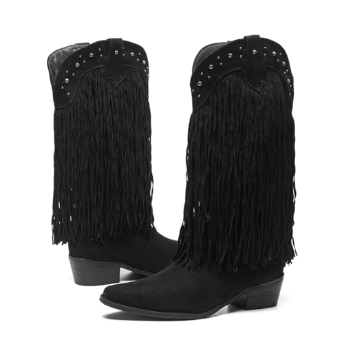 Amoji Women Western Cowboy Boots Pointed Toe Cowgirl Knee High Boots Pull On With Zipper 3073