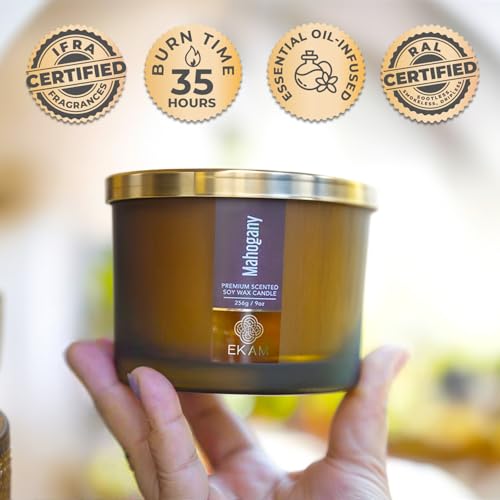 Image of EKAM 3 Wick Soy Wax Scented Candle | Mahogany Fragrance | 35 Hr Burn | Long Lasting Premium Jar Candle for Home Decor, Relaxation & Gifting