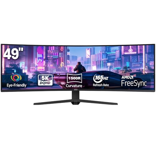 ZZA 49" Curved Gaming Monitor, 5K UHD (5120x 1440) VA Display, 1500R Immersion, 165Hz Refresh Rate, Advanced Computer Screen, Supports AMD FreeSync Premium, 120% sRGB Color Gamut,HDMI 2.0/DP1.4