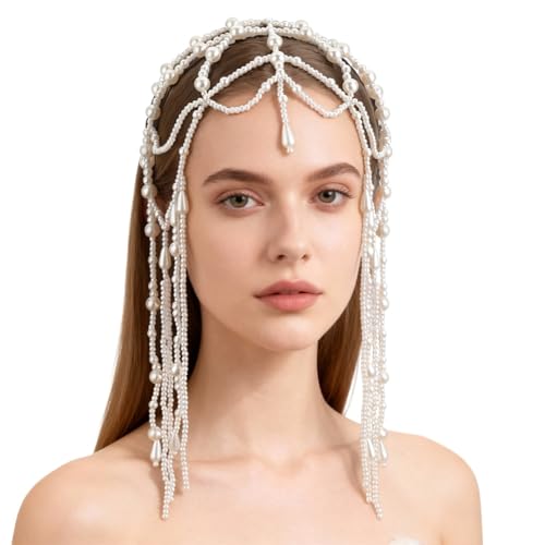 GORGECRAFT Chaîne de Tête en Perles Blanches en Plastique Perlé Style Gatsby le Magnifique Style Charleston Accessoire pour Cheveux Fête Carnaval...