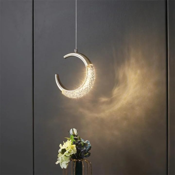 Image of Moon Shape Crystal Hanging Lamp | 12W 3-Color LED Pendant Light | Height Adjustable Metal Body | Ceiling Lights for Hall, Bedroom, Living Room, Dining, Balcony, Office